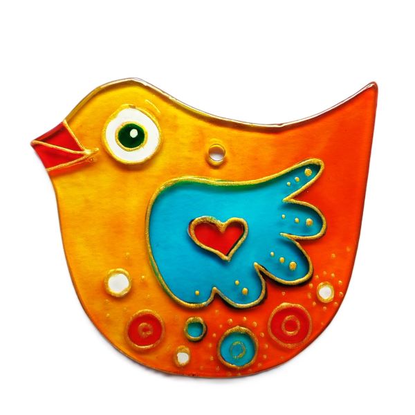 Ptáček barevný se Srdíčkem do okna - malovaná vitráž (Suncatcher)