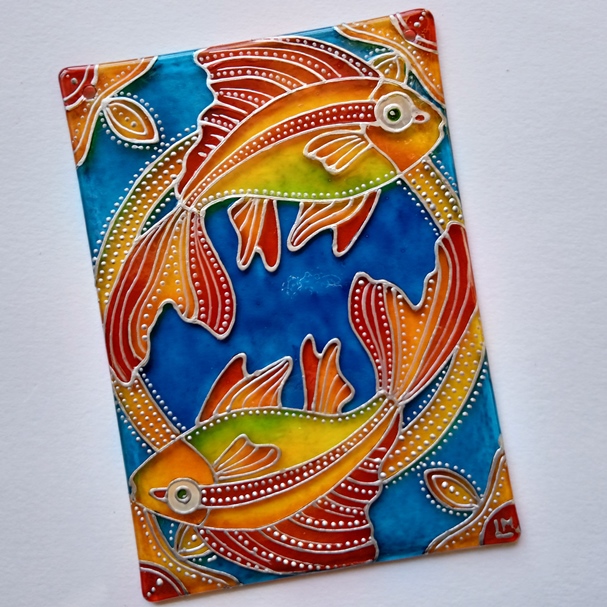 "Ryby, rybky" - malovaná vitráž 10x14 cm (malba na skle)