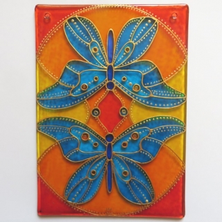 "Motýlí souznění" - malovaná vitráž 10x14 cm (malba na skle)