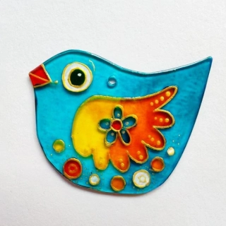 Modrý Ptáček se Sedíčkem do okna - malovaná vitráž (Suncatcher)