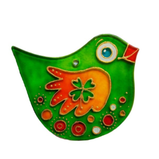 Ptáček se čtyřlístkem pro Štěstí do okna - malovaná vitráž (Suncatcher)